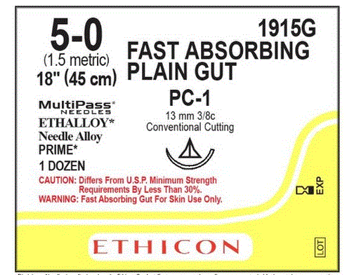 J & J Healthcare Systems Fast Absorbing Suture with Needle Absorbable Uncoated Undyed Suture Plain Gut Size 5-0 18 Inch Suture 1-Needle 13 mm Length 3/8 Circle Precision Cosmetic - Conventional Cutting PRIME Needle - 1915G