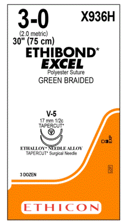 J & J Healthcare Systems Ethibond Suture with Needle Nonabsorbable Coated Green Suture Braided Polyester Size 3-0 30 Inch Suture Double-Armed 17 mm Length 1/2 Circle Taper Cut Needle - X936H
