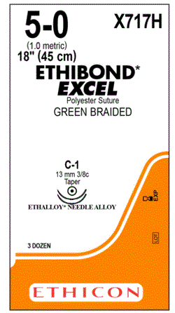 Ethibond - Suture with Needle Nonabsorbable Coated Green Suture Braided Polyester Size 5 - 0 18 Inch Suture Double-Armed 12 mm Length 3/8 Circle Taper Point Needle - X717H