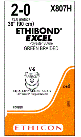 Ethibond - Suture with Needle Nonabsorbable Coated Green Suture Braided Polyester Size 2 - 0 36 Inch Suture Double-Armed 17 mm Length 1/2 Circle Taper Cut Needle - X807H