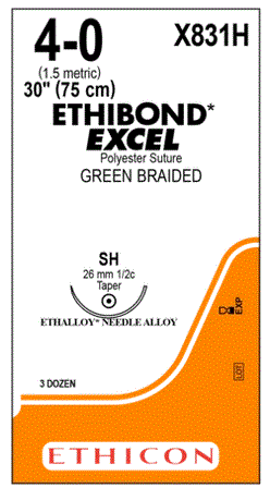 J & J Healthcare Systems Ethibond Suture with Needle Nonabsorbable Coated Green Suture Braided Polyester Size 4-0 30 Inch Suture 1-Needle 26 mm Length 1/2 Circle Taper Point Needle - X831H