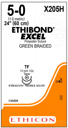 Ethibond - Suture with Needle Nonabsorbable Coated Green Suture Braided Polyester Size 5 - 0 24 Inch Suture Double-Armed 13 mm Length 1/2 Circle Taper Point Needle - X205H