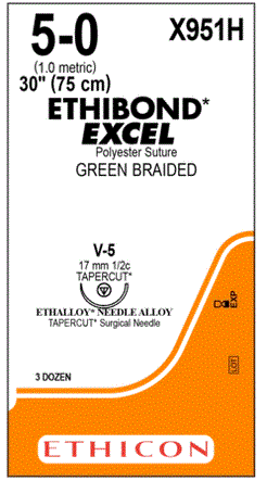 J & J Healthcare Systems Ethibond Suture with Needle Nonabsorbable Coated Green Suture Braided Polyester Size 5-0 30 Inch Suture 1-Needle 17 mm Length 1/2 Circle Taper Cut Needle - X951H