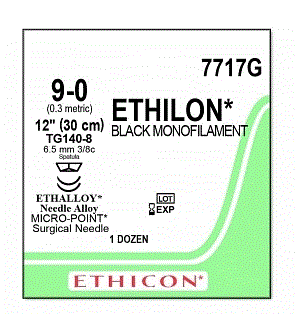 J & J Healthcare Systems Ethilon Suture with Needle Nonabsorbable Uncoated Black Suture Monofilament Nylon Size 9-0 12 Inch Suture Double-Armed 6.5 mm Length 3/8 Circle Micropoint - Spatula Needle - 7717G