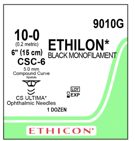 Ethilon - Suture with Needle Nonabsorbable Uncoated Black Suture Monofilament Nylon Size 10 - 0 6 Inch Suture Double-Armed 4.8 mm Length Compound Curve Spatula Needle - 9010G