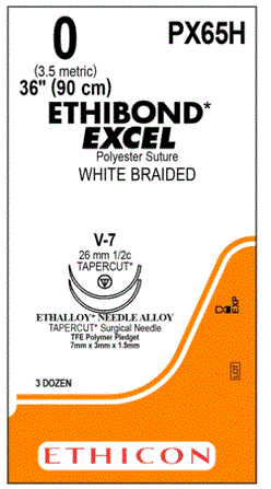 Ethibond - Suture with Needle Nonabsorbable Coated White Suture Braided Polyester Size 0 36 Inch Suture Double-Armed 26 mm Length 1/2 Circle Taper Point Cutting Needle - PX65H