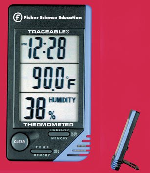 Fisher Scientific Fisher Science Education Digital Thermometer / Hygrometer Fahrenheit / Celsius 32° to 122°F (0 to 50°C) Internal Sensor Desk / Wall Mount Battery Operated - S66279