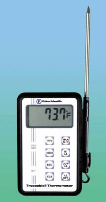 Fisher Scientific Traceable - Digital Thermometer with Alarm Fahrenheit / Celsius -58° to +572°F (-50° to +300°C) Stainless Steel Probe Battery Operated - 1464846