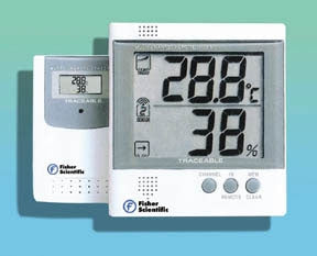 Fisher Scientific Traceable Digital Thermometer / Hygrometer Fahrenheit / Celsius -4° to +140° F (-20° to +60°C) Remote Radio-Signal Sensor Desk / Wall Mount Battery Operated - 1464852