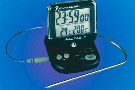 Fisher Scientific Fisher Scientific Digital Laboratory Thermometer Fahrenheit / Celsius 32° to 392°F (0 to 200°C) Stainless Steel Probe Desk / Wall Mount Battery Operated - 1507729