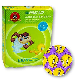 Medibadge American White Cross First Aid Adhesive Spot Bandage 7/8 Inch Plastic Round Kid Design (Tweety and Taz) Sterile - AB131
