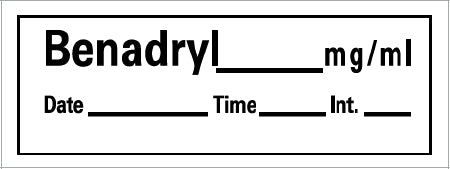 Precision Dynamics Barkley Pre-Printed Label Anesthesia Label Benadryl Mg/Ml Date Time Int White 1-1/2 X 1/2 Inch - AN-109