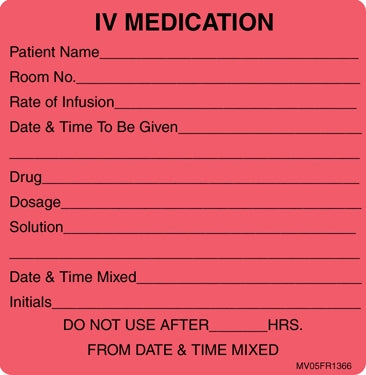 Precision Dynamics Barkley Pre-Printed Label Instructional Label I V Medication Fluorescent Red 2-1/2 X 2-7/16 Inch - V05FR1366