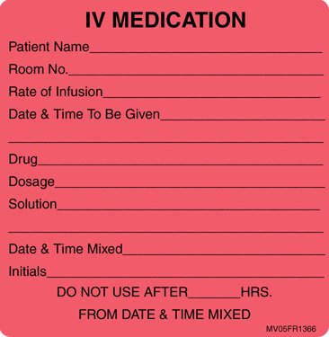 MedVision - Pre-Printed Label Advisory Label Fluorescent Red Paper IV Medication Added Black Medication Instruction 2-7/16 X 2-1/2 Inch - MV05FR1366