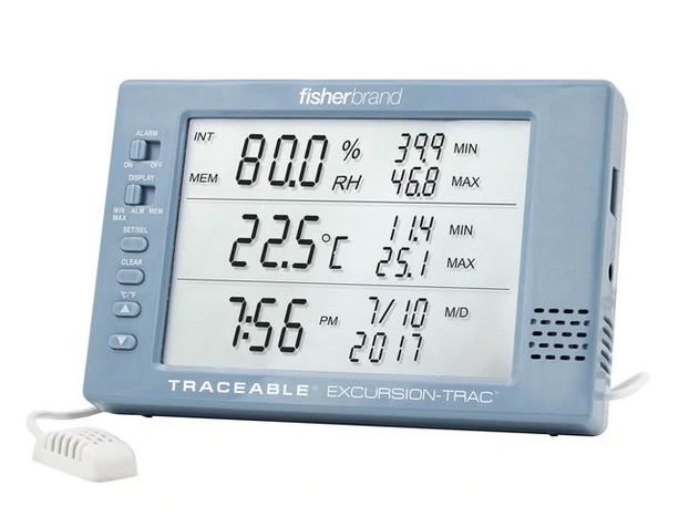 Fisher Scientific Fisherbrand Excursion-Trac Traceable Datalogging Digital Thermometer / Hygrometer Fahrenheit / Celsius 0° to 65°C External Probe Multiple Mounting Options Battery Operated - 15079665