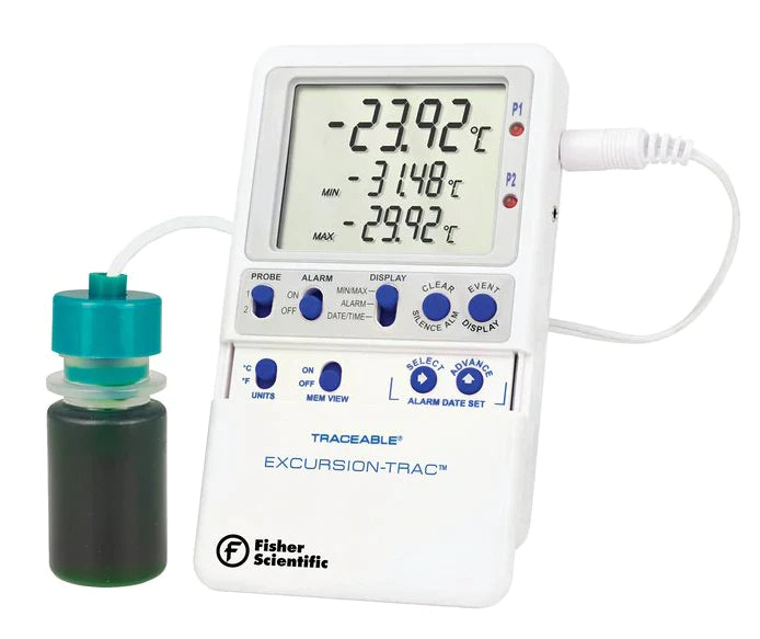 Fisherbrand Traceable - Datalogging Digital Thermometer with Alarm Fahrenheit / Celsius -58° to +158°F (-50° to +70°C) Bottle Probe Multiple Mounting Options AC Adaptor / Battery Backup - 15079660