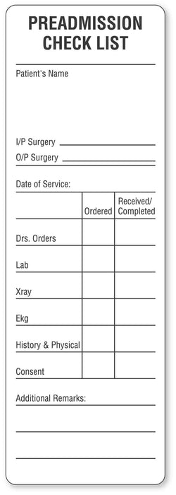 Medical Labels - Pre-Admission Checklist Label, 6" x 2"