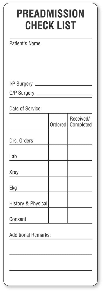 Medical Labels - Pre-Admission Checklist Label, 6" x 2"