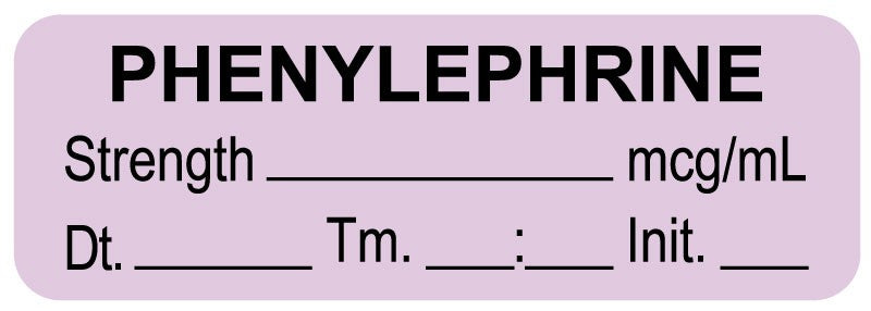 Medical Labels - Anesthesia Label, Phenylephrine mcg/mL Date Time Initial, 1-1/2" x 1/2"