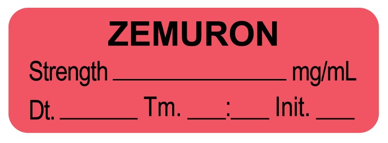 Medical Labels - Anesthesia Label, Zemuron mg/mL DTI 1-1/2" x 1/2"