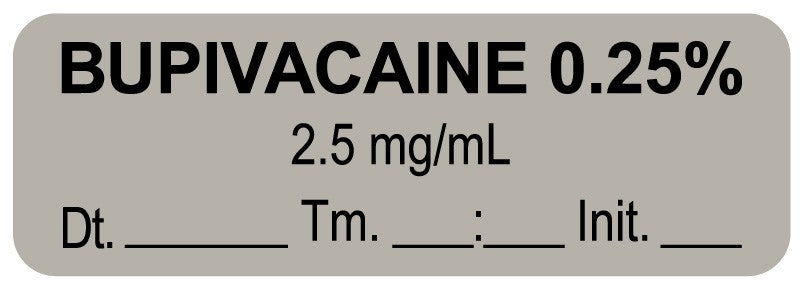 Medical Labels - Anesthesia Label, Bupivacaine 0.25% 2.5 mg/mL Date Time Initial, 1-1/2" x 1/2"