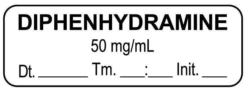 Medical Labels - Anesthesia Label, Diphenhydramine 50 mg/mL Date Time Initial, 1-1/2" x 1/2"