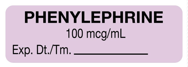 Medical Labels - Anesthesia Label, Phenylephrine 100 mcg/mL, 1-1/2" x 1/2"