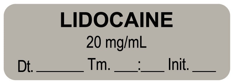 Medical Labels - Anesthesia Label, Lidocaine 20 mg/mL Date Time Initial, 1-1/2" x 1/2"