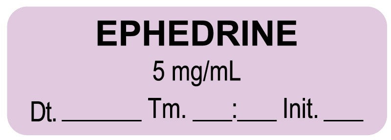 Medical Labels - Anesthesia Label, Ephedrine 5mg/mL Date Time Initial, 1-1/2" x 1/2"