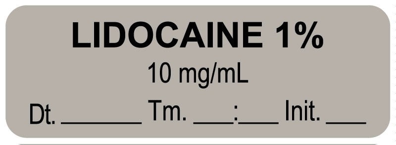 Medical Labels - Anesthesia Label, Lidocaine 1% 10 mg/mL Date Time Initial, 1-1/2" x 1/2"