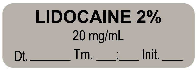 Medical Labels - Anesthesia Label, Lidocaine 2% 20 mg/mL Date Time Initial, 1-1/2" x 1/2"