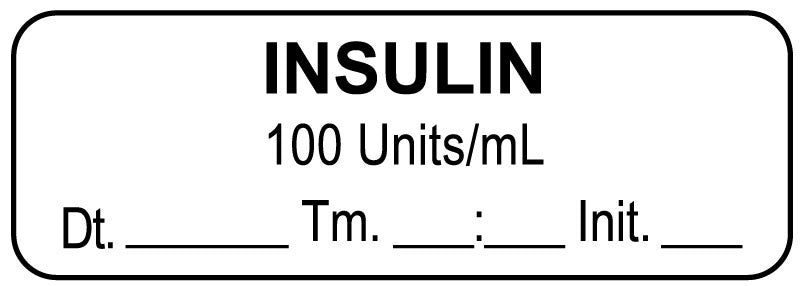 Medical Labels - Anesthesia Label, Insulin 100 Units/mL Date Time Initial, 1-1/2" x 1/2"