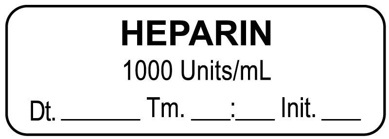 Medical Labels - Anesthesia Label, Heparin 1000 Units/mL Date Time Initial, 1-1/2" x 1/2"