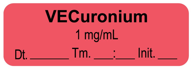 Medical Labels - Anesthesia Label, Vecuronium 1mg/mL Date Time Initial, 1-1/2" x 1/2"