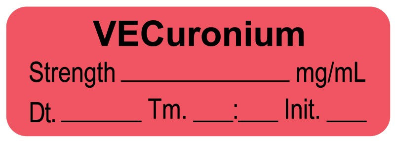 Medical Labels - Anesthesia Label, Vecuronium mg/mL Date Time Initial, 1-1/2" x 1/2"