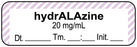Medical Labels - Anesthesia Label, Hydralazine 20 mg/mL Date Time Initial, 1-1/2" x 1/2"