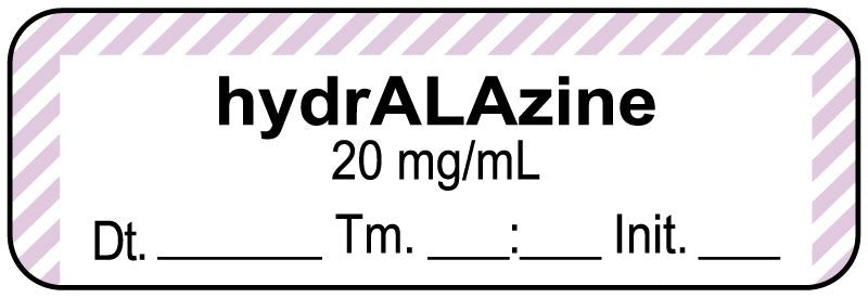 Medical Labels - Anesthesia Label, Hydralazine 20 mg/mL Date Time Initial, 1-1/2" x 1/2"