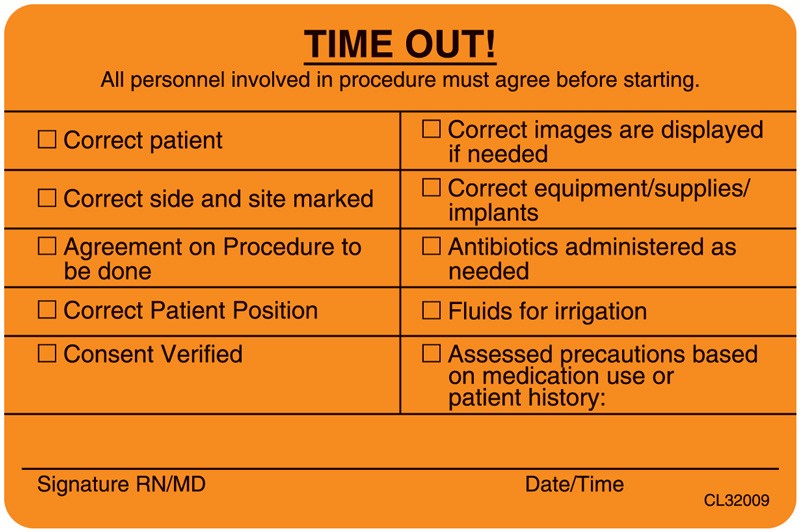 Medical Labels - Time Out Label, 4" x 2-5/8"