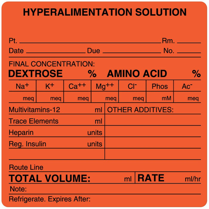 Medical Labels - Hyperalimentation Solution Label, 4" x 4"
