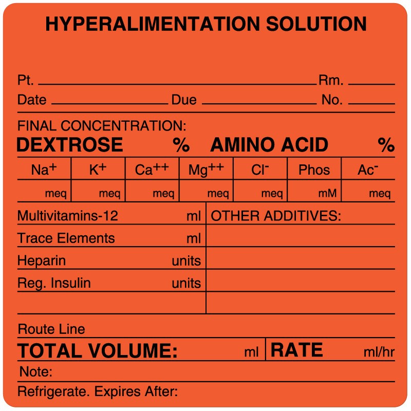 Medical Labels - Hyperalimentation Solution Label, 4" x 4"