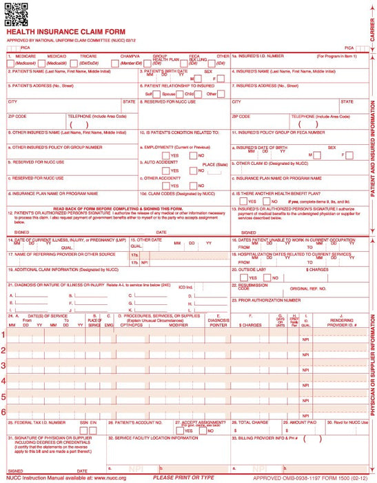 Medical Labels - HCFA Laser Printer Compatible Insurance Claim Form, 8-1/2" x 11"