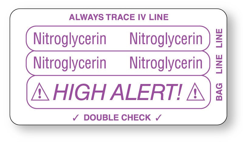 Medical Labels - NITROGLYCERINE, Piggyback Line Identification Label, 3-1/4" x 1-3/4"