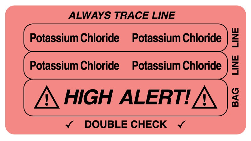 Medical Labels - POTASSIUM CHLORIDE, Piggyback Line Identification Label, 3-1/4" x 1-3/4"