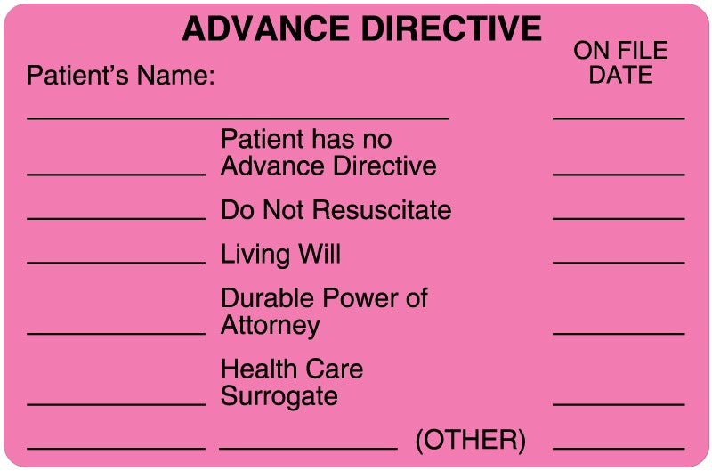 Medical Labels - Advanced Directive Label, 4" x 2-5/8"