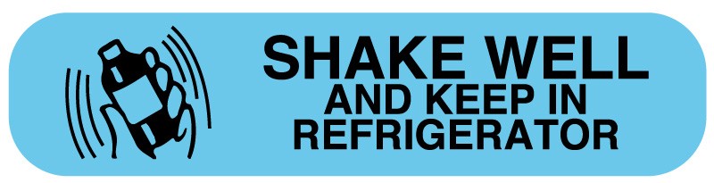 Medical Labels - SHAKE WELL AND KEEP REFRIGERATED, Medication Instruction Label, 1-5/8" x 3/8"