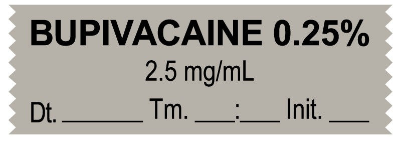 Medical Labels - Anesthesia Tape, Bupivacaine 0.25% 2.5 mg/mL, Date Time Initial, 1-1/2" x 1/2"