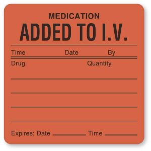 UAL - Pre-Printed Label Advisory Label Fluorescent Red Paper Added To I/V. Tme_Date_By_ Black Medication Name 2-1/2 X 2-1/2 Inch - ULHH207