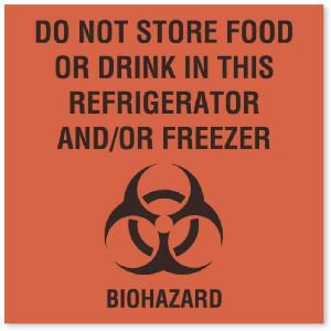 United Ad Label Pre-Printed Label Auxiliary Label Do Not Store Food Or Drink In This Refrigerator And\Or Freezer Biohazard Fluorescent Red 4-1/2 X 4-1/2 Inch - ULBH068