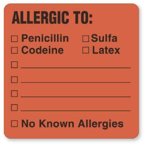 United Ad Label UAL Pre-Printed Label Allergy Alert Allergic To, Penicillin Sulfa Codeine Latex No Known Allergies Fluorescent Red 1-1/2 X 1-1/2 Inch - ULHN877