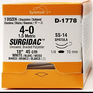 Covidien Surgidac Suture with Needle Nonabsorbable Uncoated White Suture Braided Polyester Size 4-0 18 Inch Suture Double-Armed 8 mm Length 1/4 Circle Spatula Needle - D1763K
